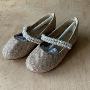 HeHalnom Gold Glitter Flats with Two Row Pearls Strap Size 8US